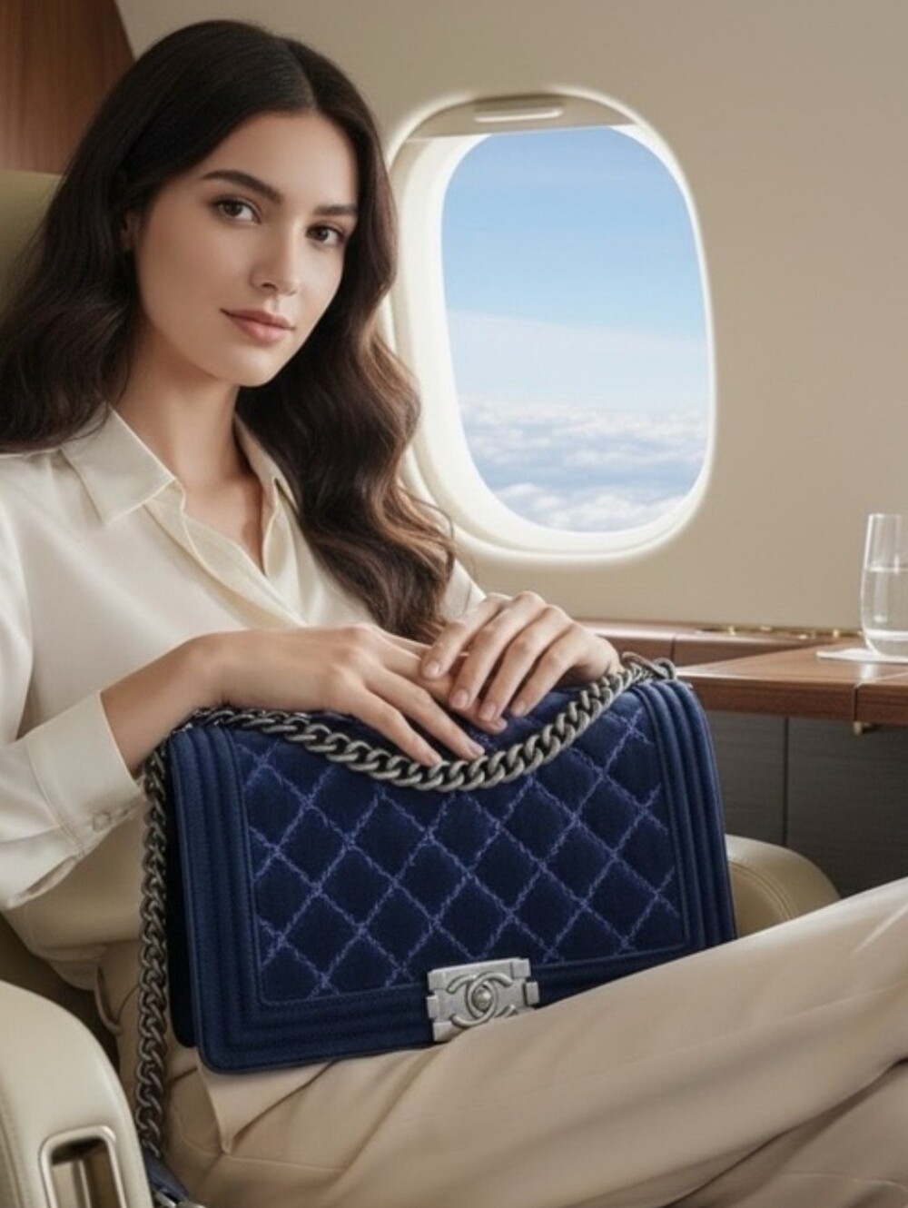 Authentic CHANEL BOY BAG WILD STITCH SUEDE LIKE VELVET TWEED LIKE IN NAVY BLUE!